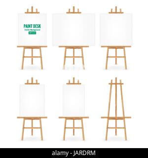 Paint Desk Vector. Artist Easel Set With White Paper. Isolated On White Background. Realistic Painter Desk Blank Canvas On Easel. Stock Vector
