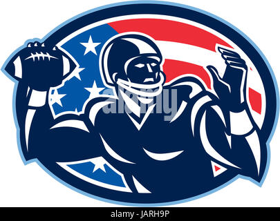 Illustration of an american football gridiron quarterback QB player throwing ball facing side set inside oval with USA stars and stripes flag done in retro style. Stock Photo