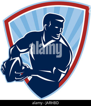 Illustration of a rugby player running about to pass the ball done in retro style set inside shield. Stock Photo