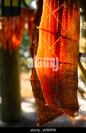 Meat is cut and hanged to dry outdoors in the lodge Stock Photo