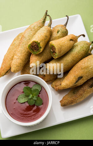 green chilli pakode or mirch or mirchi pakode, favourite indian tea time snack in monsoon Stock Photo