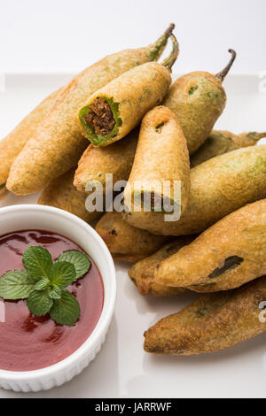 green chilli pakode or mirch or mirchi pakode, favourite indian tea time snack in monsoon Stock Photo