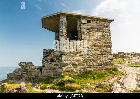 Stone WWII Observation Post. Anti invasion measure. Anglesey, North Wales, United Kingdom. Stock Photo