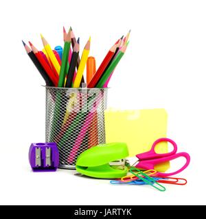 Group of colorful school supplies over a white background Stock Photo