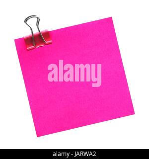 Blank pink sticky note with paper clip isolated on a white background Stock Photo