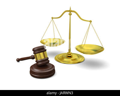 Golden scale and gavel on white background, symbols of law and justice Stock Photo