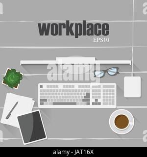 Set of digital devices and office supplies on wooden working table in flat style Stock Vector