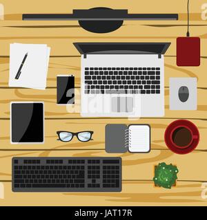 Set of digital devices and office supplies on wooden working table in flat style Stock Vector