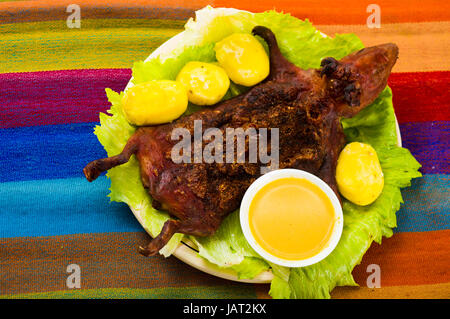 Traditional ecuadorian dish, grilled guinea pig spread out onto green plate, potatoes, tostados and lemons on the side, seen from above. Stock Photo