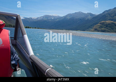 Jet boating on the Matukituki River, New Zealand Stock Photo