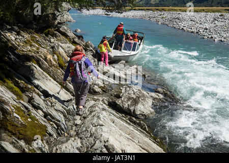 Jet boating on the Matukituki River, New Zealand Stock Photo