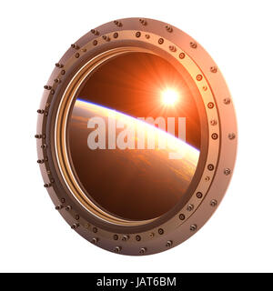 View On The Planet And Sun Through The Porthole Of Spaceship. 3D Illustration. Stock Photo