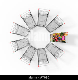 Full Shopping Cart Among Empty Shopping Carts. 3D Illustration. Stock Photo