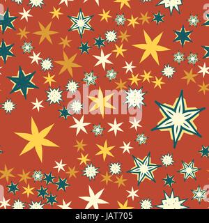 Seamless texture vintage red stylized flowers and stars. Stock Vector