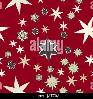 Seamless texture stylized flowers and stars on dark red Stock Vector