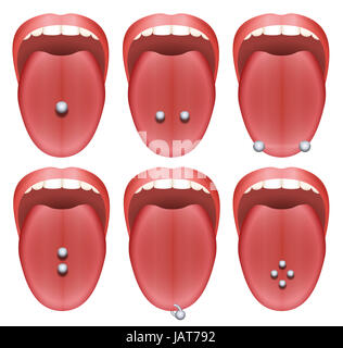 Tongue piercing examples - nine different illustrations on white background. Stock Photo