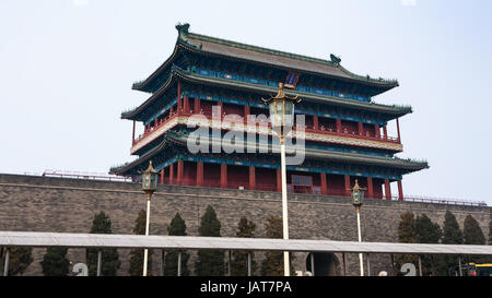 travel to China - view of Zhengyangmen Gate tower in Beijing in spring. The tower is historic city gate that is located at the south end of Tiananamen Stock Photo