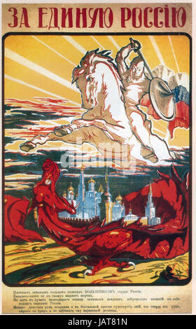 RUSSIAN CIVIL WAR A White Russian poster about 1920 shows the White knight attacking the red Bolshevik dragon Stock Photo