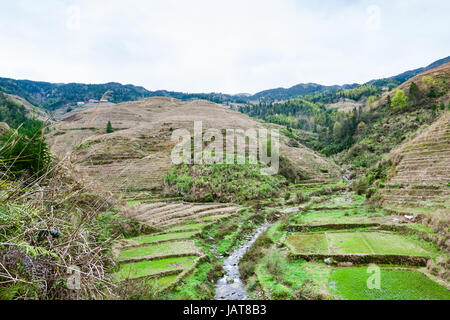 travel to China - view of terraced gardens and creek in Dazhai village in country of Longsheng Rice Terraces (Dragon's Backbone terrace, Longji Rice T Stock Photo