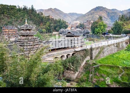 travel to China - view of Chengyang Wind and Rain Bridge (Fengyu Bridges of the Dong people) in Sanjiang Dong Autonomous County in spring season Stock Photo