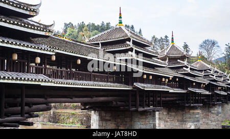 travel to China - exterior of Dong people Chengyang Wind and Rain Bridge (Fengyu, Yongji or Panlong Bridge) in Sanjiang Dong Autonomous County in spri Stock Photo