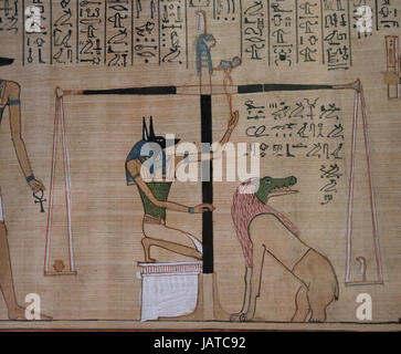 Book of the Dead. Judgement from scribe Hunefer. 19th dynasty. 1300 BCE. Anubis weighed the heart with Ammit. 1300 BCE. Weighing of his heart. British Stock Photo