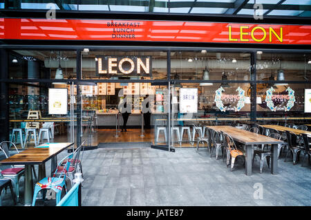 The Leon restaurant in London's redeveloped Spitalfields Market. Leon is a chain of 40+ restaurants setup in 2004 to provide natural fast food. Stock Photo