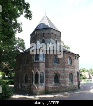 11th century Sint-Nicolaaskapel (Saint Nicholas Chapel) at Valkhof park, central Nijmegen, Gelderland, Netherlands. (Stitch of 2 images). Stock Photo