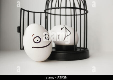 Eggs with painted face. Photo for your design. two eggs. Smiling egg in a cage. Stock Photo