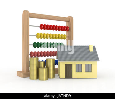 one abacus with a house and stacks of coins, concept of real estate (3d render) Stock Photo