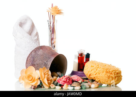 Assortment of spa related items on against white background Stock Photo