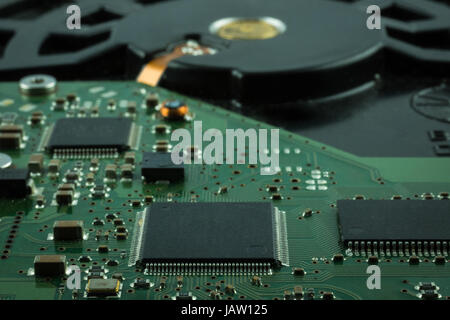 Close up inside of Hard disk drive (HDD) . Detail of electronic parts Stock Photo