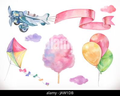 Watercolor air. Kite, airplane, cotton candy and clouds, balloons. Vector icon set Stock Vector
