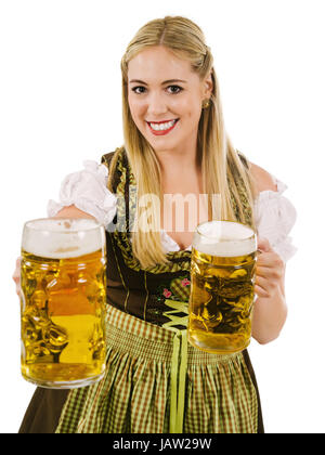 Photo of a beautiful happy woman wearing traditional dirndl, smiling and holding huge beers. Stock Photo