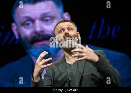 Michael Sheen actor giving the Aneurin Bevan Lecture on stage at Hay Festival of Literature and the Arts 2017 Hay-on-Wye Powys Wales UK Stock Photo