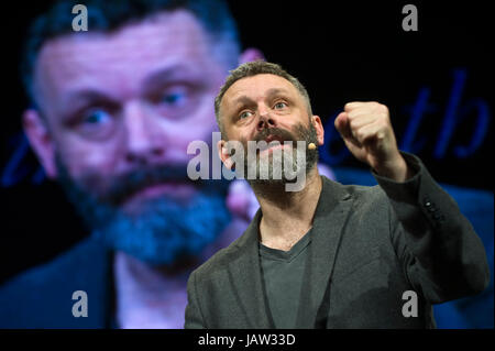 Michael Sheen actor giving the Aneurin Bevan Lecture on stage at Hay Festival of Literature and the Arts 2017 Hay-on-Wye Powys Wales UK Stock Photo