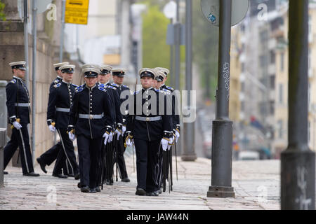 Helsinki, Finland - 25th May, 2017: The state funeral of the former President of the Republic of Finland Mauno Koivisto. Military cadets parading befo Stock Photo