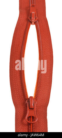 two sliders on red plastic zip fastener close up isolated on white background Stock Photo