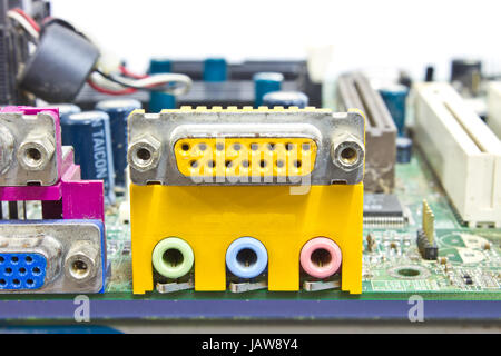 Close up rear panel of computer with audio, usb, ethernet and other ...