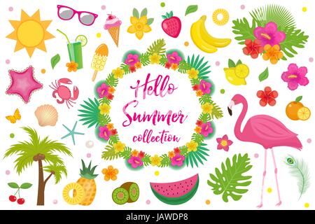 Hello summer collection of design elements,flat style. Tropical set with exotic flowers, flamingos, fruits. Beach concept kit objects, isolated on whi Stock Vector