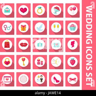 Wedding set of icons, design elements, flat style with long shadows. Marriage and romance of a collection of objects with fireworks, ring, bride, groo Stock Vector