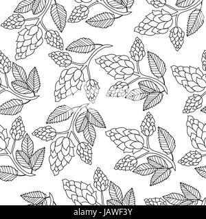 Hops seamless pattern, hand drawing, doodle style. Outline repeating texture, endless background. Brewing concept. Vector illustration Stock Vector