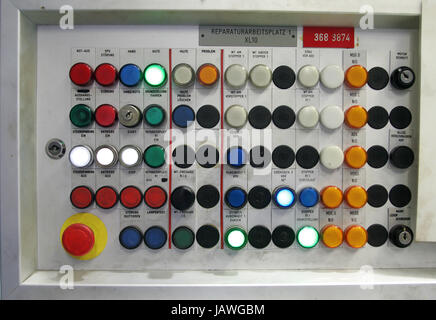 Control panel with gearshift buttons in the engine manufacture of Deutz AG, Cologne, Germany, 27 March 2007. Stock Photo