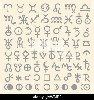 Astrological Signs of Zodiac, Planets, Asteroids, Aspects, Lunar phases, etc. (The Selenium Set of Main Astrological Symbols). Stock Photo