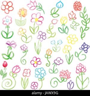 Collection of Crayon Flowers Vector Stock Vector