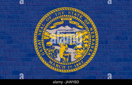 Illustration of Nebraska state flag on brick wall, United States of America. Stock Photo