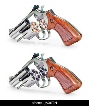 Two image of the same gun (empty and full of bullet) on a white background. Stock Photo