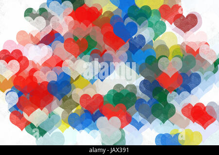 Colorful painted hearts background illustration. Grunge abstract pattern. Stock Photo