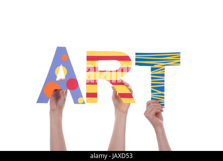 Many Hands Holding the Colorful Word Art, Isolated Stock Photo