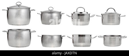 set of side view of stainless steel saucepans isolated on white background Stock Photo